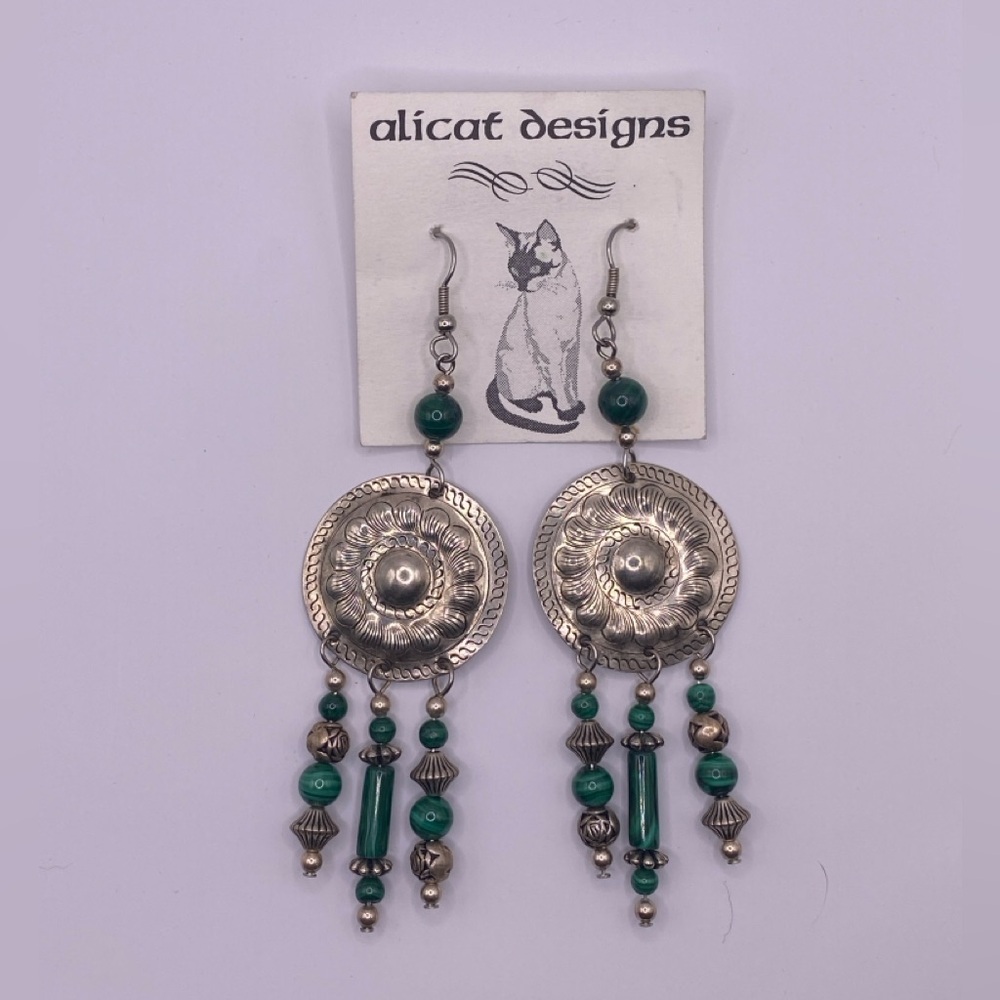 NWT Hand-Made Silver and Green Dangle Earrings